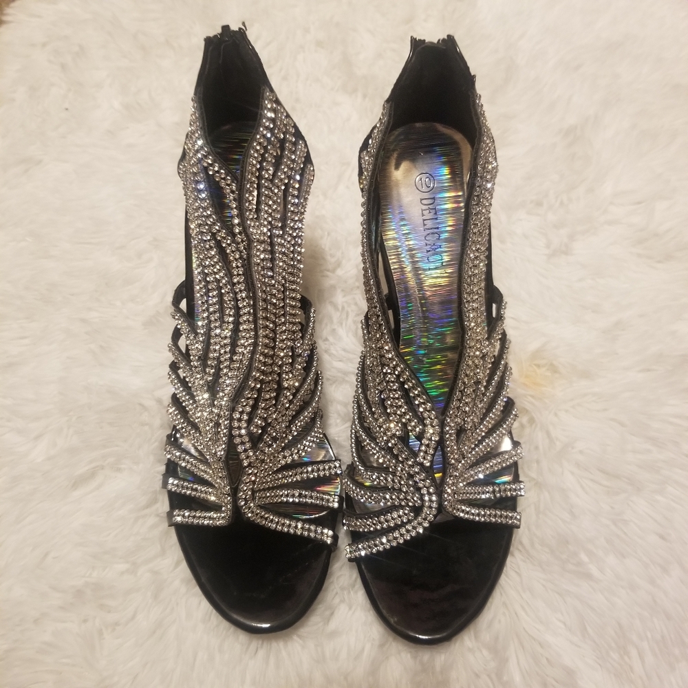 DELICACY Black Blinged, Open Toe Heels